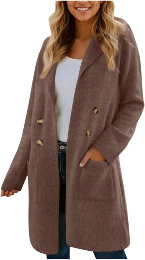Women's Winter Thick Wool Blend Coat Lapel Double Breasted Office Work Long Pea Coat Overcoat Mid-Long Trench Coats