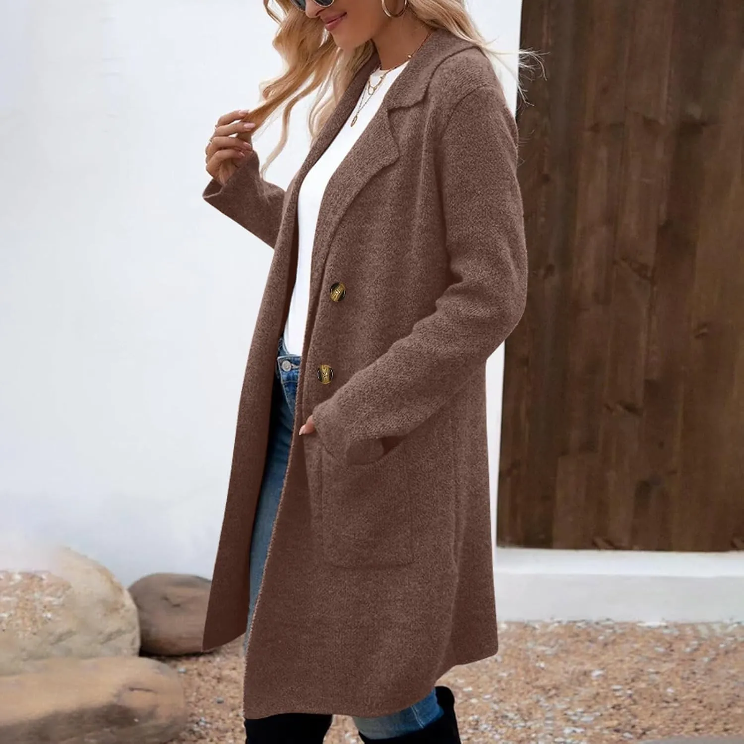 Women's Winter Thick Wool Blend Coat Lapel Double Breasted Office Work Long Pea Coat Overcoat Mid-Long Trench Coats