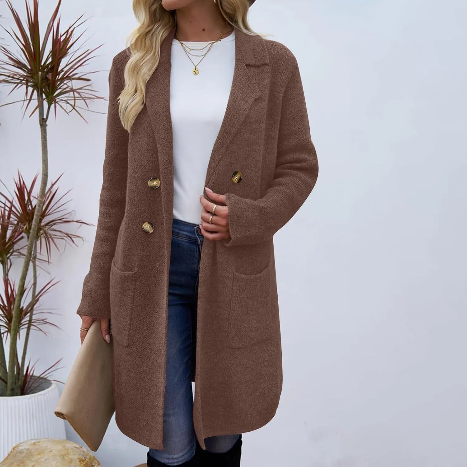 Women's Winter Thick Wool Blend Coat Lapel Double Breasted Office Work Long Pea Coat Overcoat Mid-Long Trench Coats