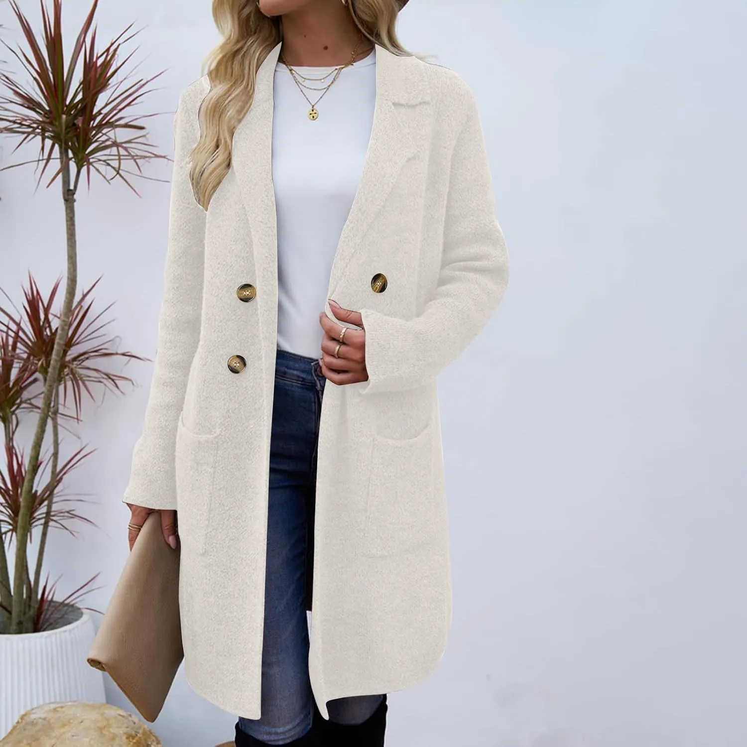 Women's Winter Thick Wool Blend Coat Lapel Double Breasted Office Work Long Pea Coat Overcoat Mid-Long Trench Coats