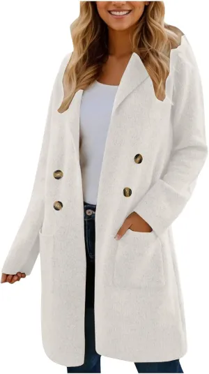 Women's Winter Thick Wool Blend Coat Lapel Double Breasted Office Work Long Pea Coat Overcoat Mid-Long Trench Coats