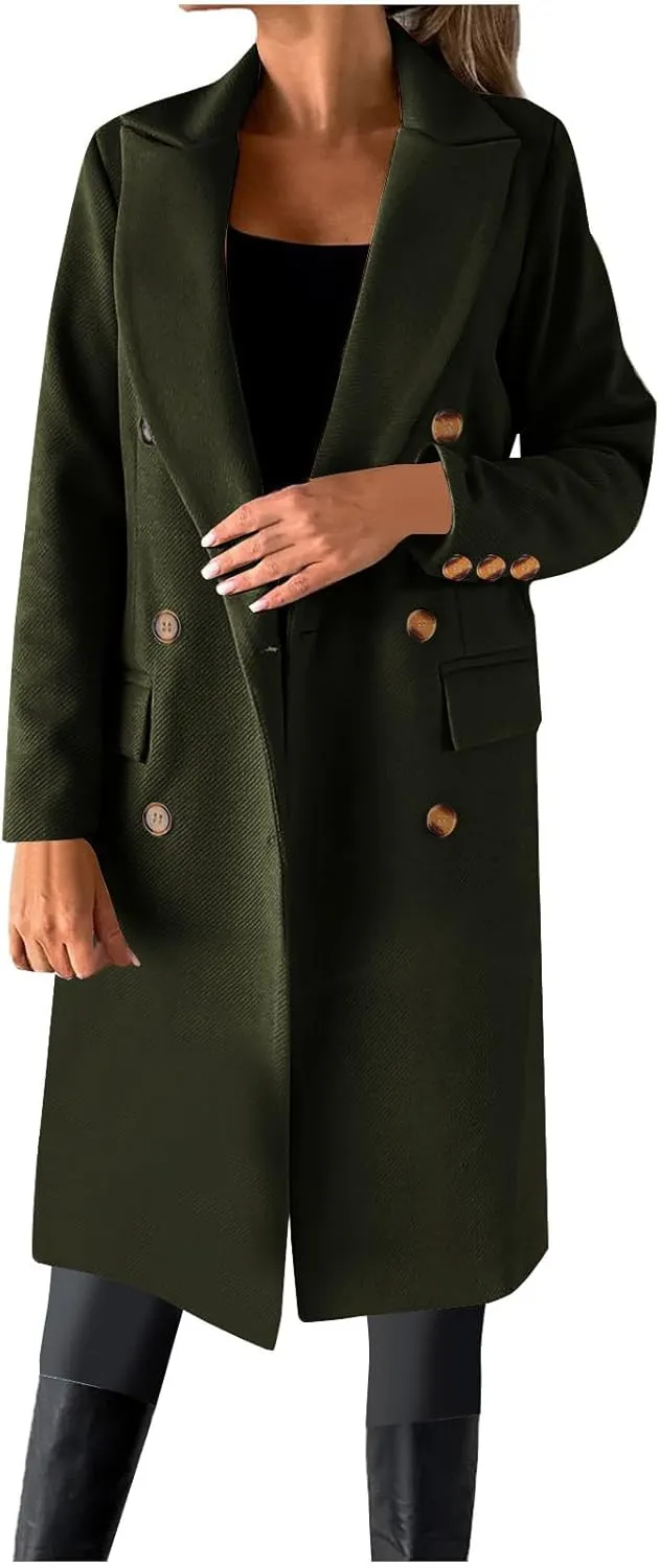 Women's Winter Wool Coats Double-Breasted Notched Lapel Warm Work Jacket Midi Long Peacoat Long Sleeve Solid Pea Coat