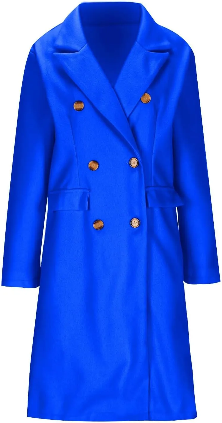 Women's Winter Wool Coats Double-Breasted Notched Lapel Warm Work Jacket Midi Long Peacoat Long Sleeve Solid Pea Coat