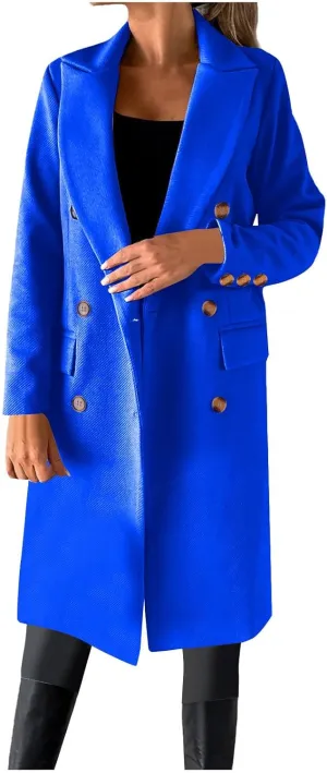 Women's Winter Wool Coats Double-Breasted Notched Lapel Warm Work Jacket Midi Long Peacoat Long Sleeve Solid Pea Coat