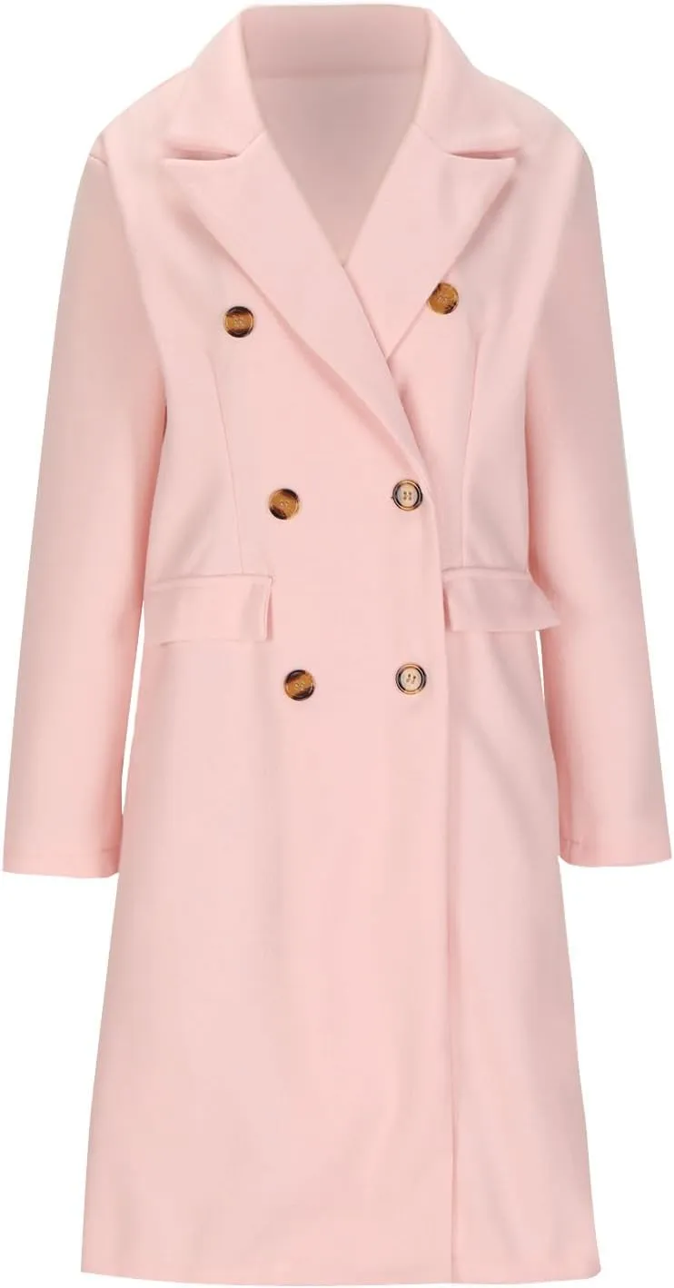 Women's Winter Wool Coats Double-Breasted Notched Lapel Warm Work Jacket Midi Long Peacoat Long Sleeve Solid Pea Coat