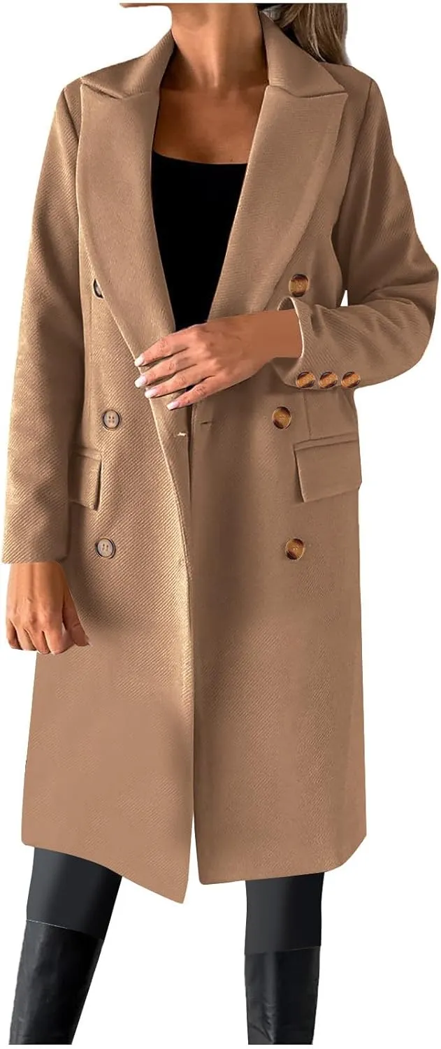 Women's Winter Wool Coats Double-Breasted Notched Lapel Warm Work Jacket Midi Long Peacoat Long Sleeve Solid Pea Coat