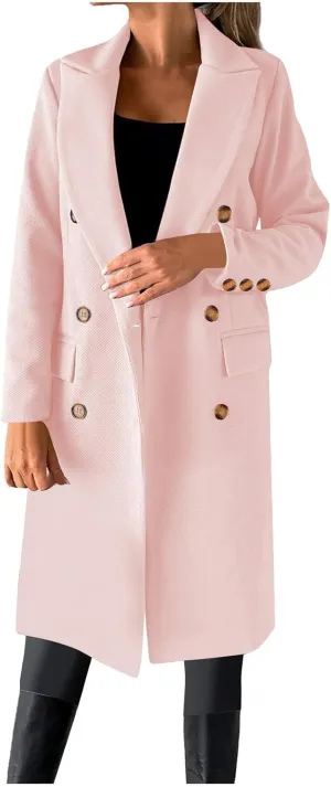 Women's Winter Wool Coats Double-Breasted Notched Lapel Warm Work Jacket Midi Long Peacoat Long Sleeve Solid Pea Coat