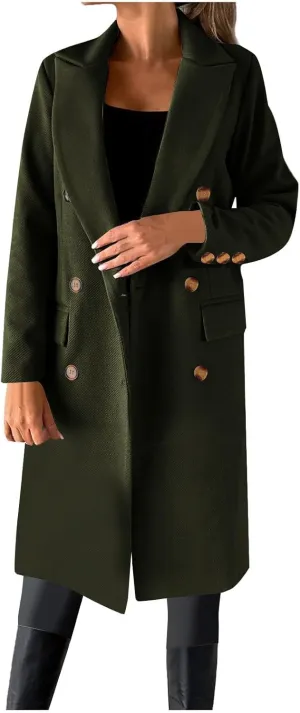 Women's Winter Wool Coats Double-Breasted Notched Lapel Warm Work Jacket Midi Long Peacoat Long Sleeve Solid Pea Coat
