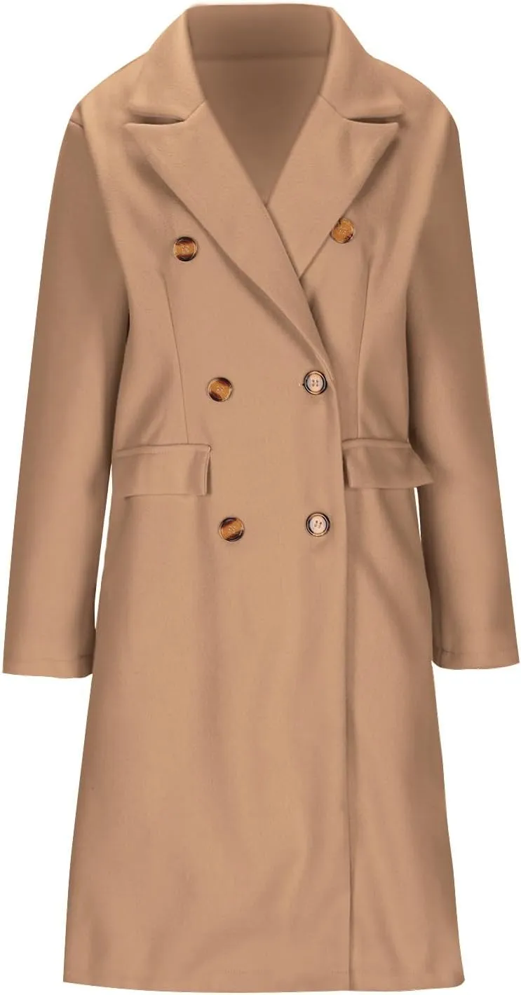 Women's Winter Wool Coats Double-Breasted Notched Lapel Warm Work Jacket Midi Long Peacoat Long Sleeve Solid Pea Coat