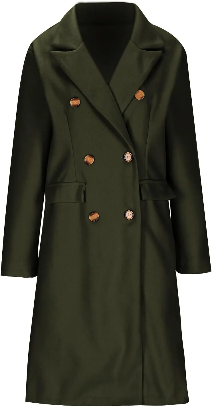 Women's Winter Wool Coats Double-Breasted Notched Lapel Warm Work Jacket Midi Long Peacoat Long Sleeve Solid Pea Coat