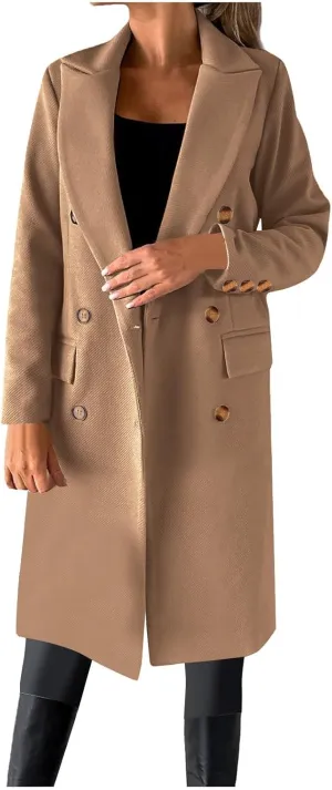 Women's Winter Wool Coats Double-Breasted Notched Lapel Warm Work Jacket Midi Long Peacoat Long Sleeve Solid Pea Coat