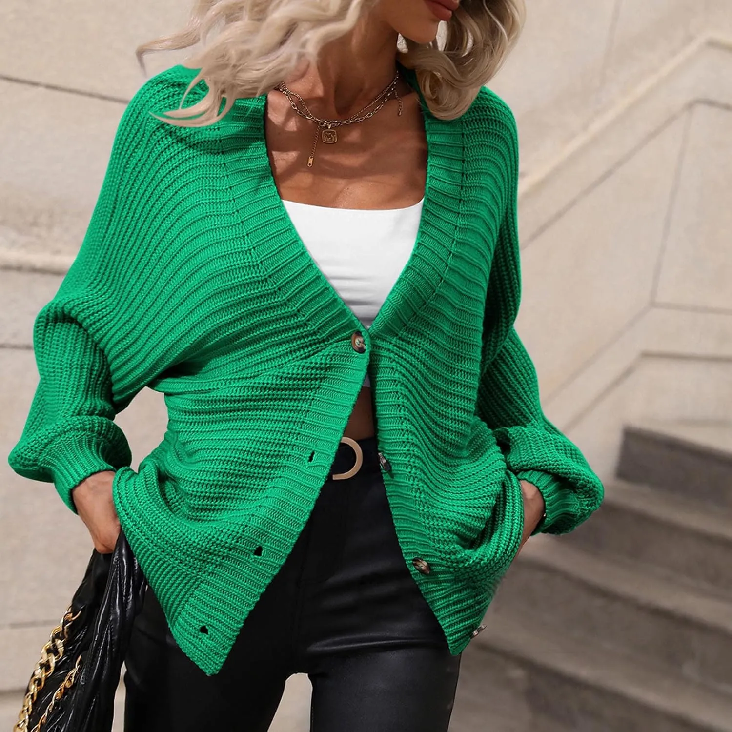 XUNRYAN Womens Fashion Winter Fall Casual V Neck Knit Chunky Cardigan Dressy Cute Crochet Long Sleeve Button Sweater Pullover
