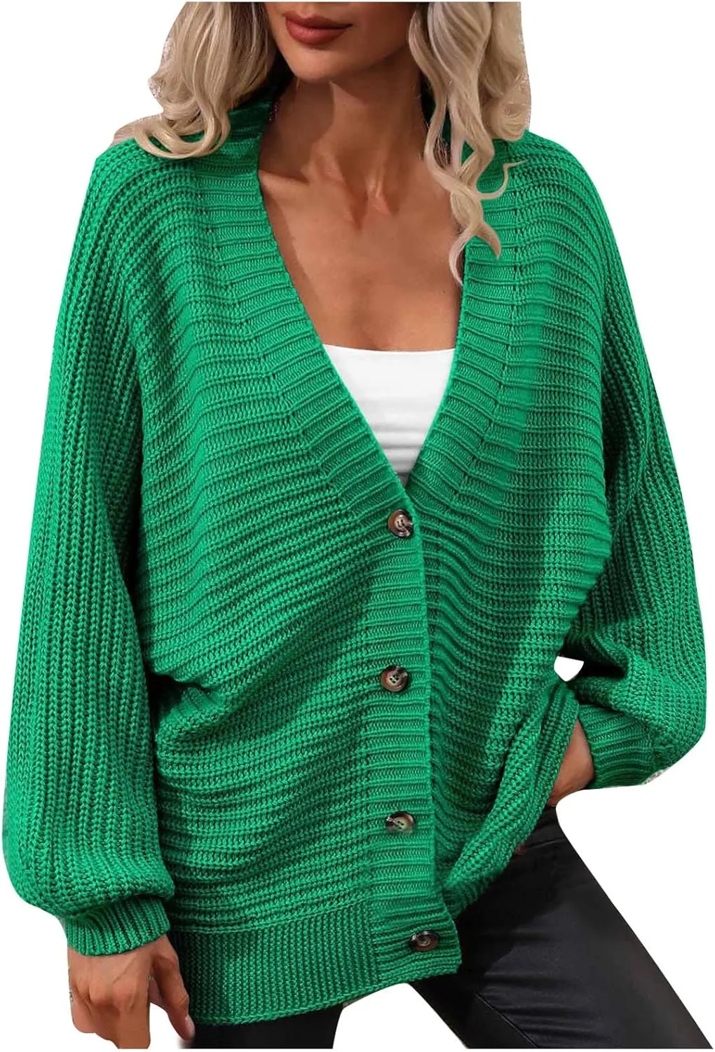 XUNRYAN Womens Fashion Winter Fall Casual V Neck Knit Chunky Cardigan Dressy Cute Crochet Long Sleeve Button Sweater Pullover