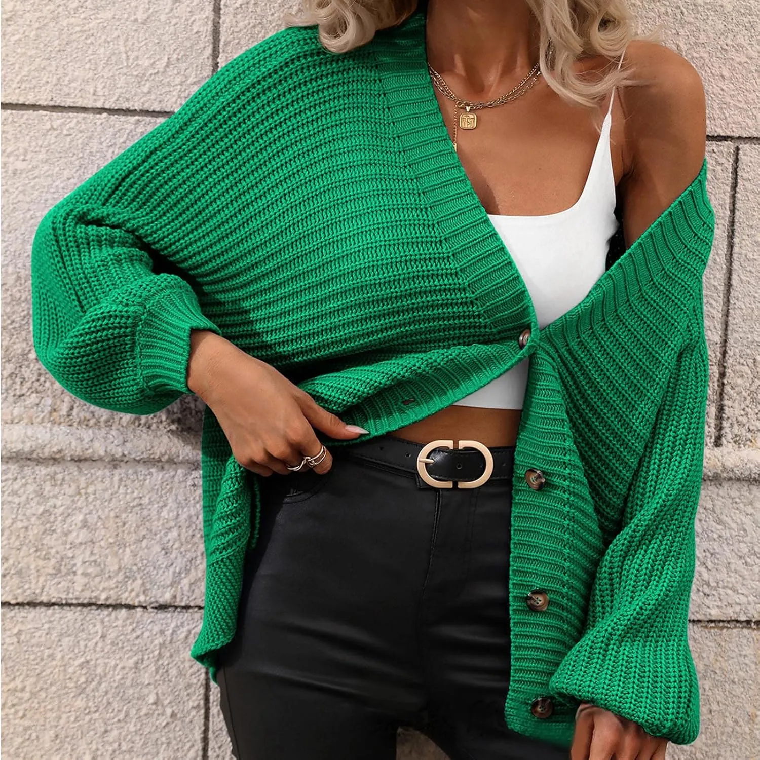 XUNRYAN Womens Fashion Winter Fall Casual V Neck Knit Chunky Cardigan Dressy Cute Crochet Long Sleeve Button Sweater Pullover