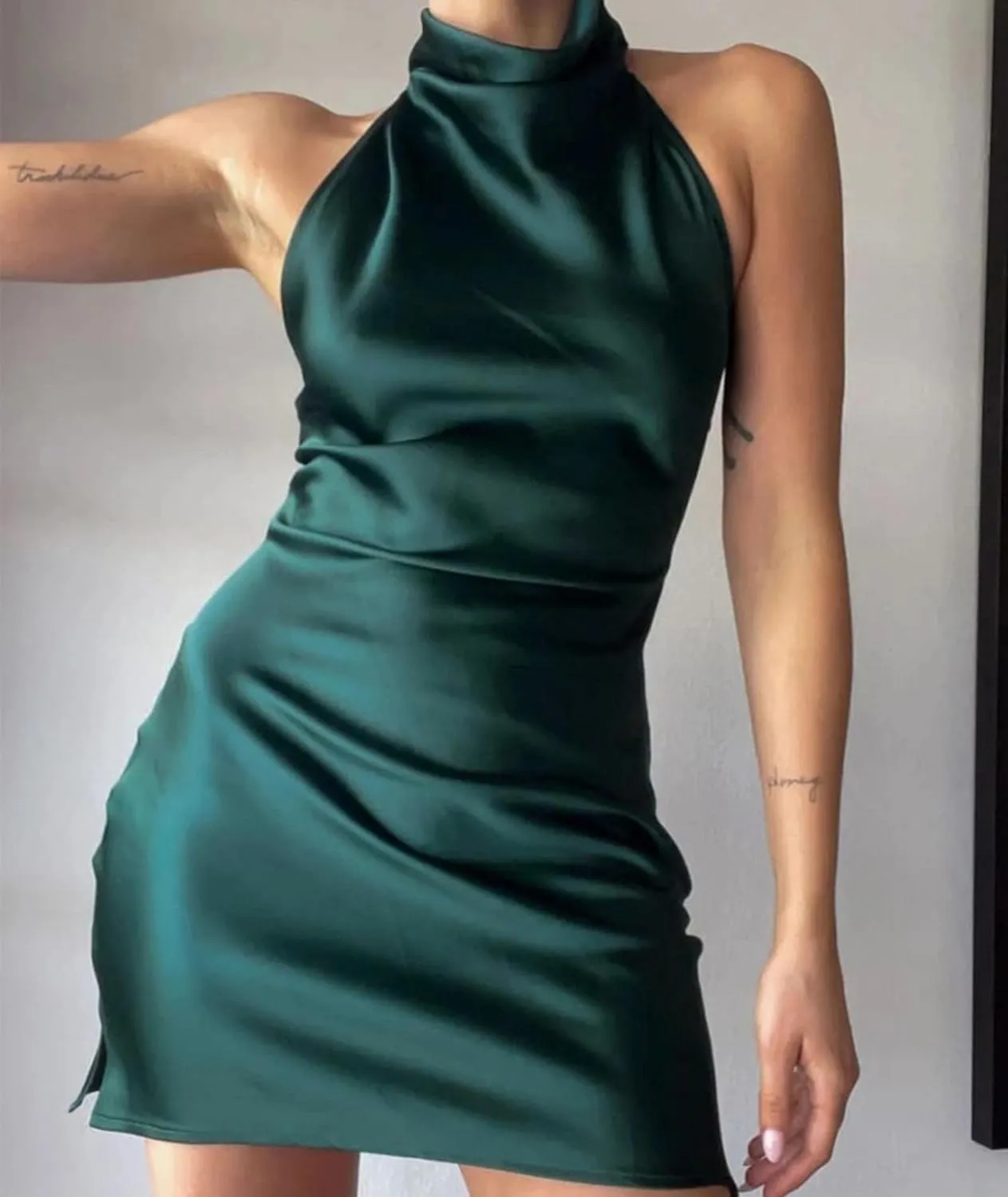 xxxiticat Women's Halter Neck Mini Satin Dress Elegant Wedding Party Club Sleeveless Backless Split Hem Bodycon Slip Dresses