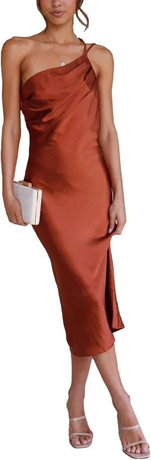 xxxiticat Women's One Shoulder Satin Party Dress Sleeveless Slim Lace Up Bandage Backless Cocktail Wedding Midi Slip Dresses