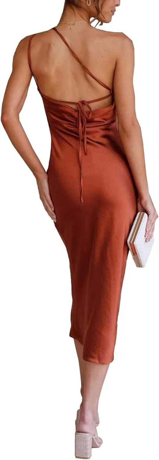 xxxiticat Women's One Shoulder Satin Party Dress Sleeveless Slim Lace Up Bandage Backless Cocktail Wedding Midi Slip Dresses
