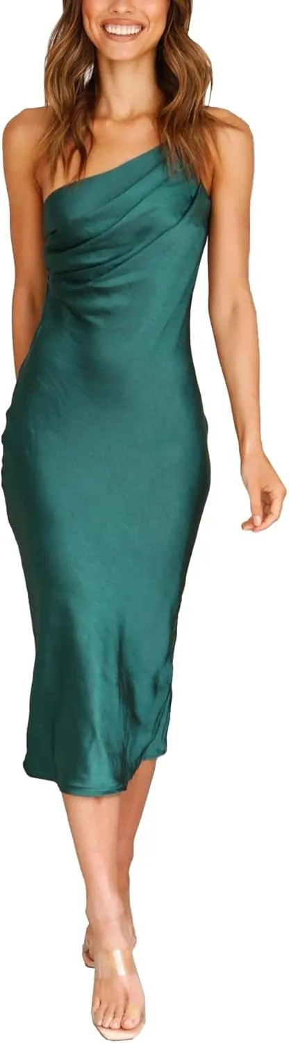 xxxiticat Women's One Shoulder Satin Party Dress Sleeveless Slim Lace Up Bandage Backless Cocktail Wedding Midi Slip Dresses