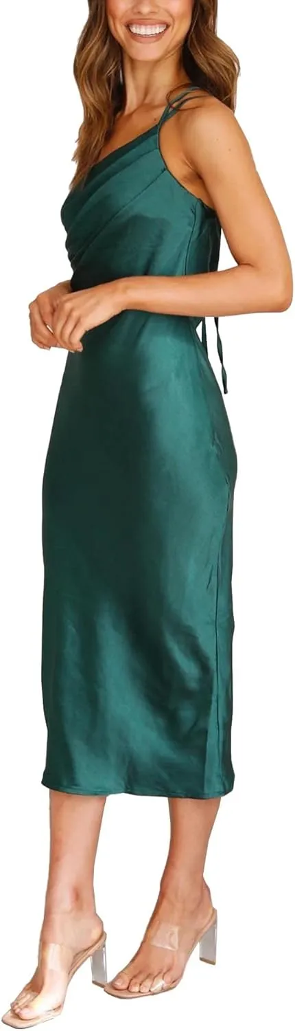 xxxiticat Women's One Shoulder Satin Party Dress Sleeveless Slim Lace Up Bandage Backless Cocktail Wedding Midi Slip Dresses