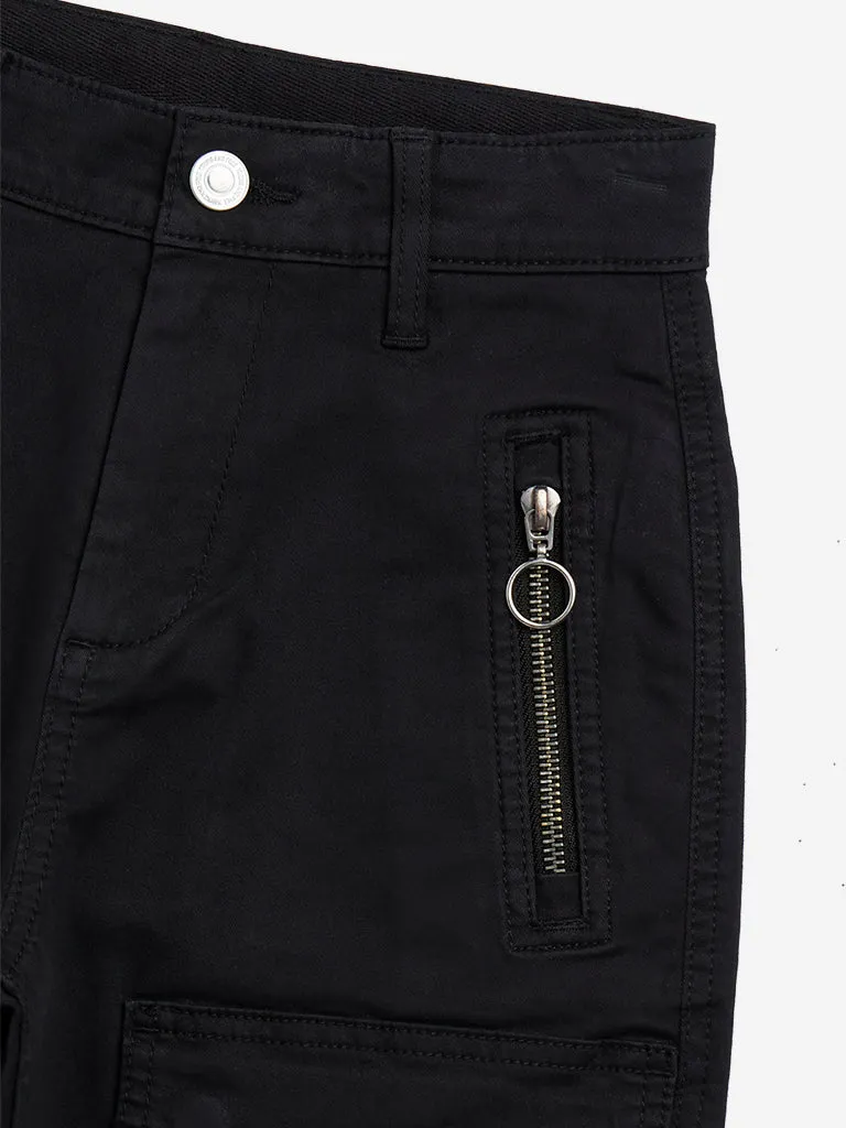 Y&F Kids Black Cargo-Style Mid-Rise Cotton-Blend Trousers