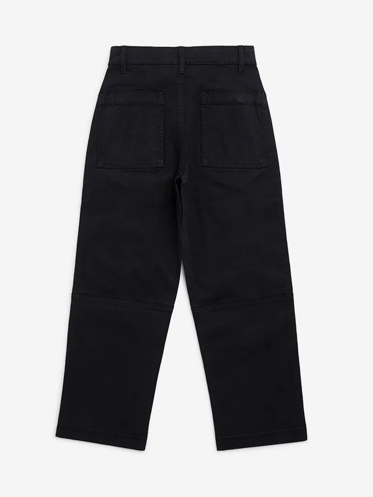 Y&F Kids Black Cargo-Style Mid-Rise Cotton-Blend Trousers