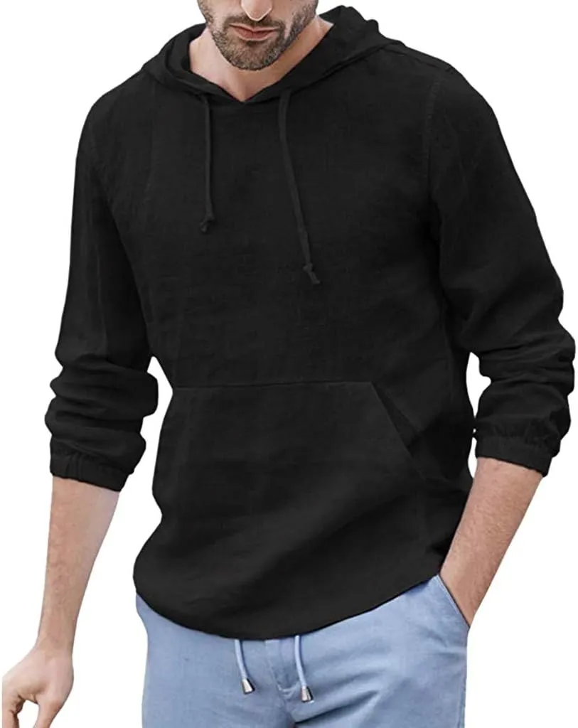 Ymosrh Big and Tall Hoodies for Men Baggy Cotton Linen Hooded Pocket Solid Long Sleeve Retro T Shirts Tops Hoodie