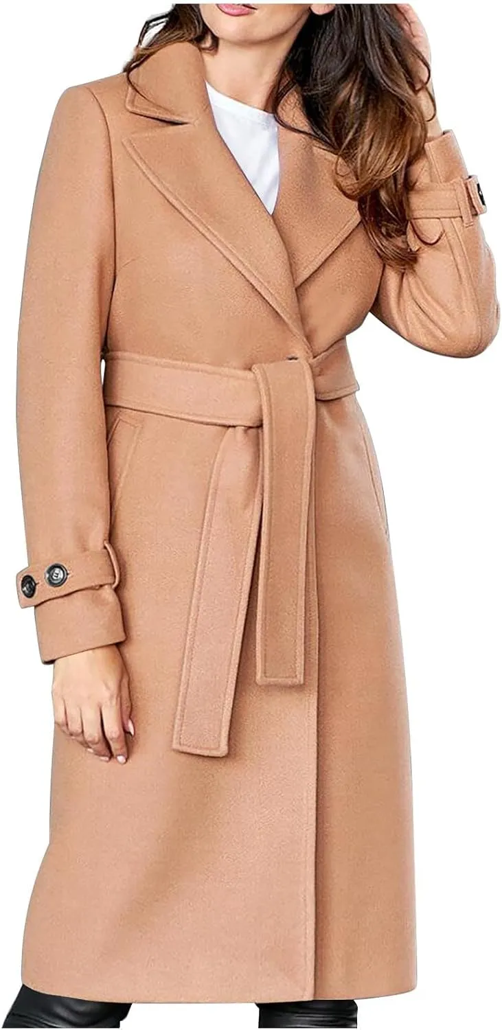 YRAETENM Long Wool Coats for Women Fall Winter Long Sleeve Notch Lapel Trench Coats Plus Size Casual Thick Belted Overcoat