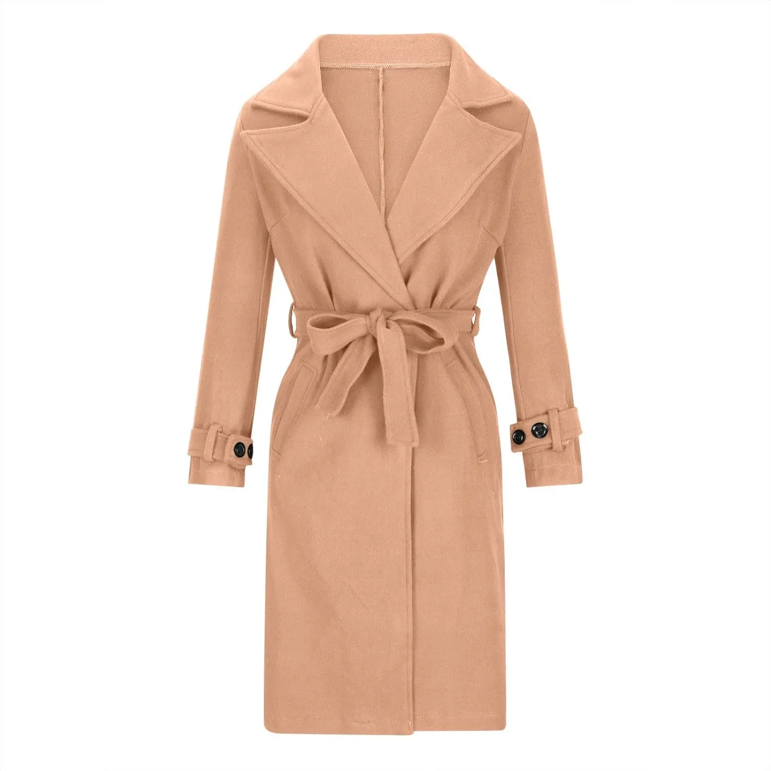 YRAETENM Long Wool Coats for Women Fall Winter Long Sleeve Notch Lapel Trench Coats Plus Size Casual Thick Belted Overcoat