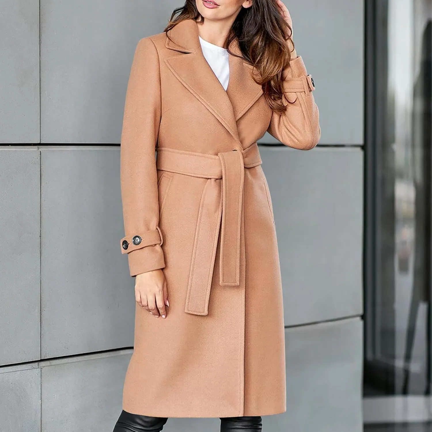 YRAETENM Long Wool Coats for Women Fall Winter Long Sleeve Notch Lapel Trench Coats Plus Size Casual Thick Belted Overcoat