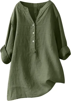 YZHM Womens Long Sleeve Blouses Cotton Linen Plus Size Tops V Neck Button Down Shirts Loose Tunic Tops Solid Trendy Tshirts