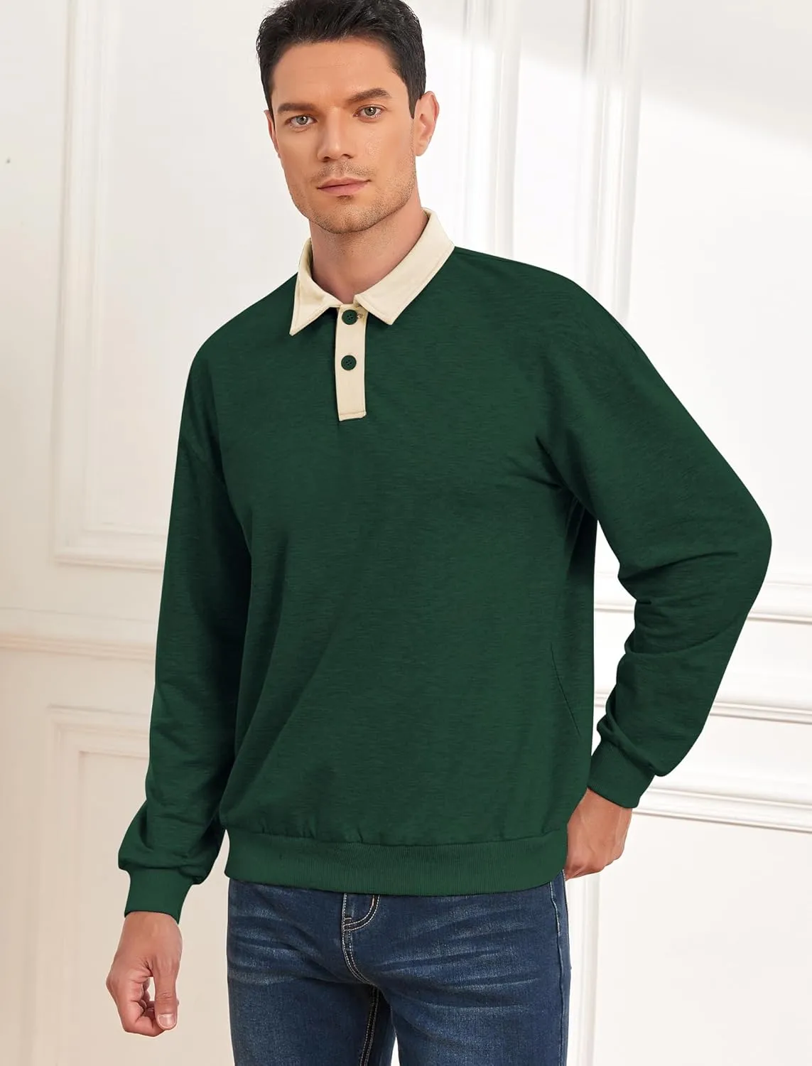 ZAFUL Men's Long Sleeve Polo Shirts Color Spliced Polo Collar Sweatshirt Casual Golf Patchwork Shirts Tops
