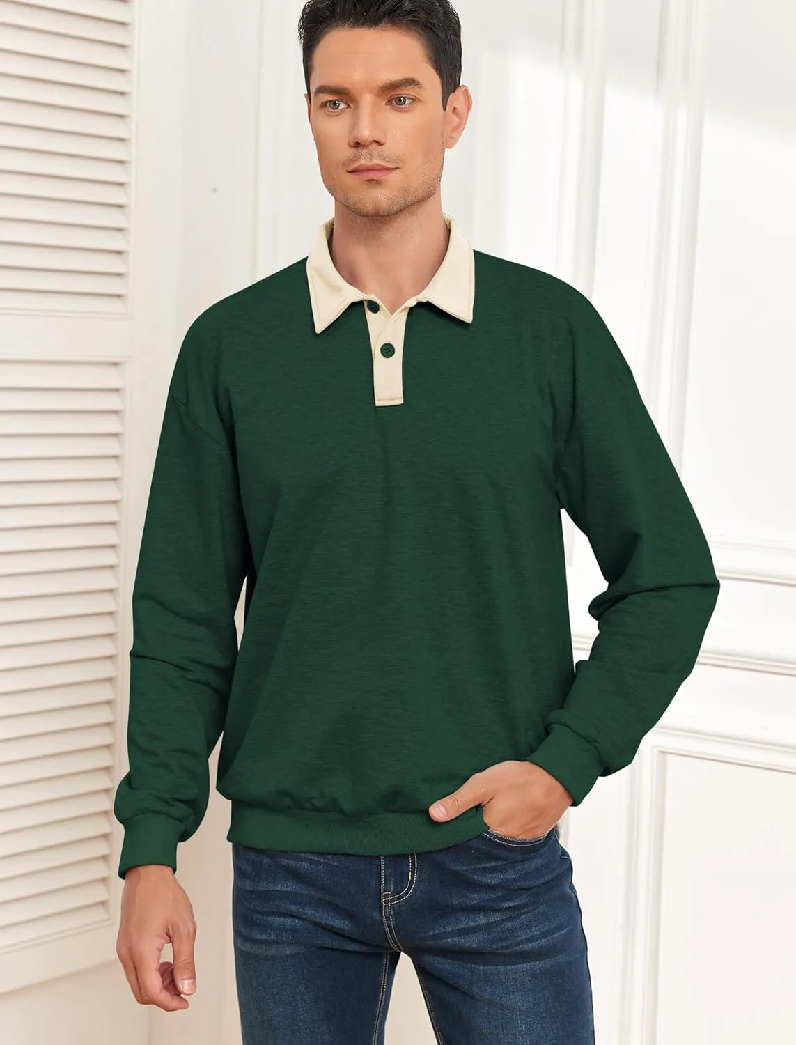 ZAFUL Men's Long Sleeve Polo Shirts Color Spliced Polo Collar Sweatshirt Casual Golf Patchwork Shirts Tops