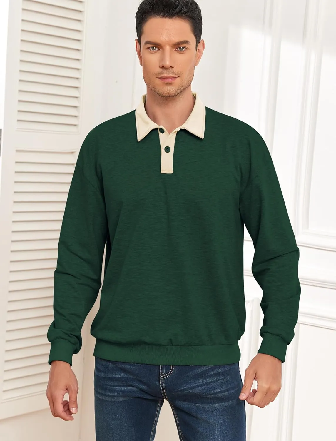 ZAFUL Men's Long Sleeve Polo Shirts Color Spliced Polo Collar Sweatshirt Casual Golf Patchwork Shirts Tops