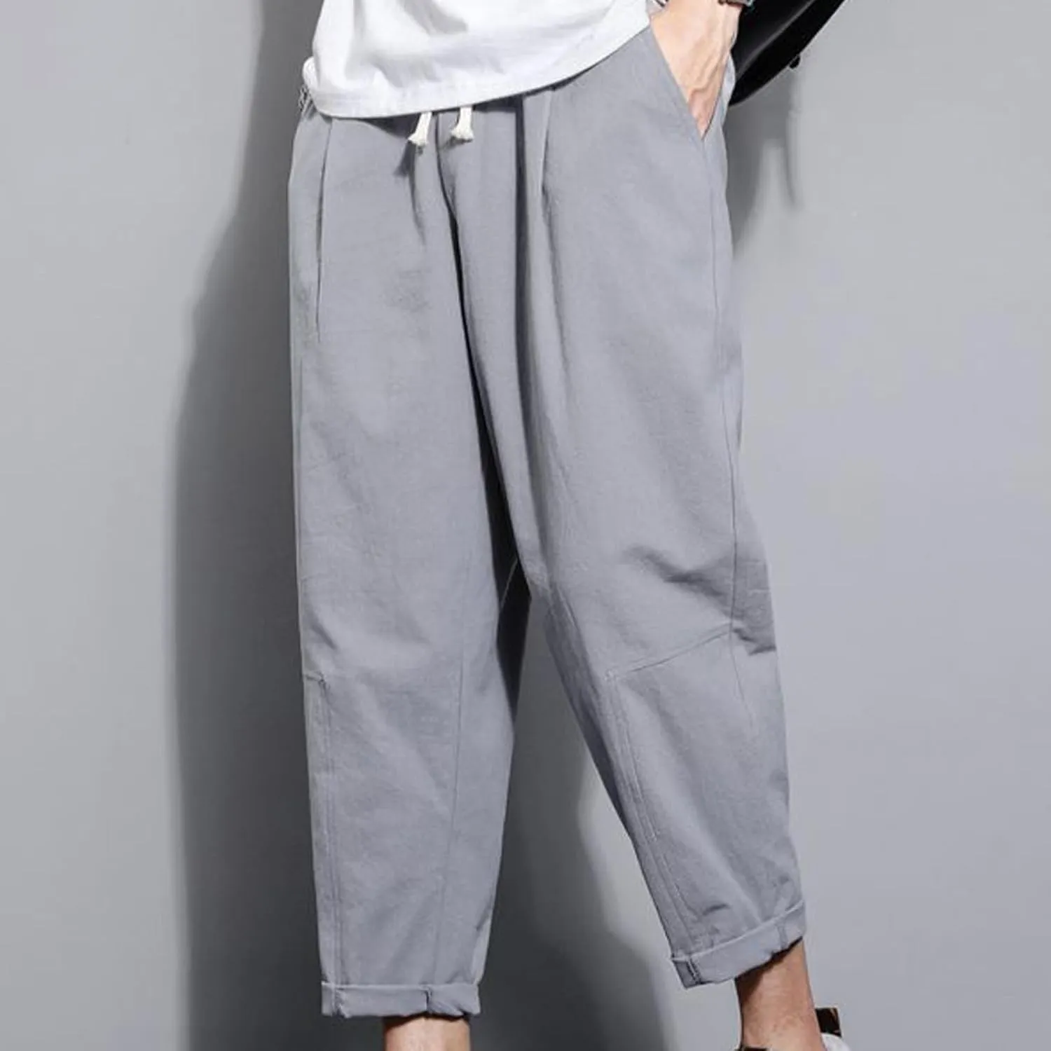 Zeiyignr Mens Linen Casual Pants Lightweight Drawstring Beach Pants Elastic Waist Yoga Summer Trousers Solid Slim Work Pants