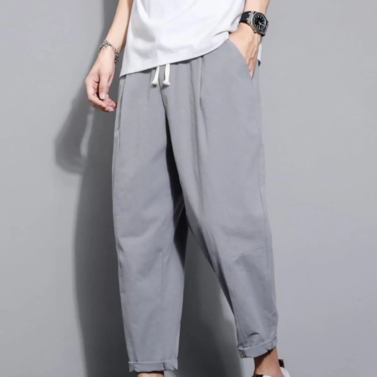Zeiyignr Mens Linen Casual Pants Lightweight Drawstring Beach Pants Elastic Waist Yoga Summer Trousers Solid Slim Work Pants