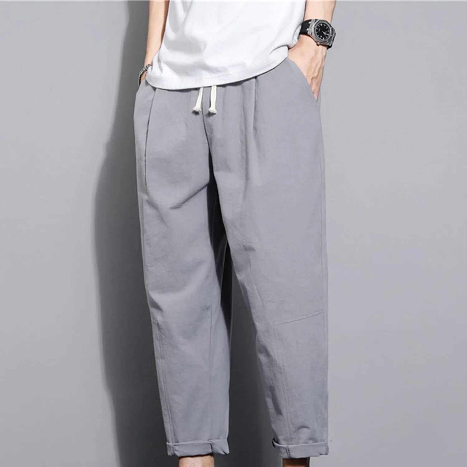 Zeiyignr Mens Linen Casual Pants Lightweight Drawstring Beach Pants Elastic Waist Yoga Summer Trousers Solid Slim Work Pants