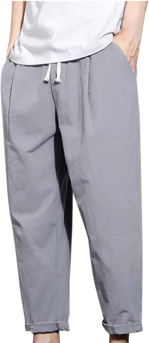 Zeiyignr Mens Linen Casual Pants Lightweight Drawstring Beach Pants Elastic Waist Yoga Summer Trousers Solid Slim Work Pants